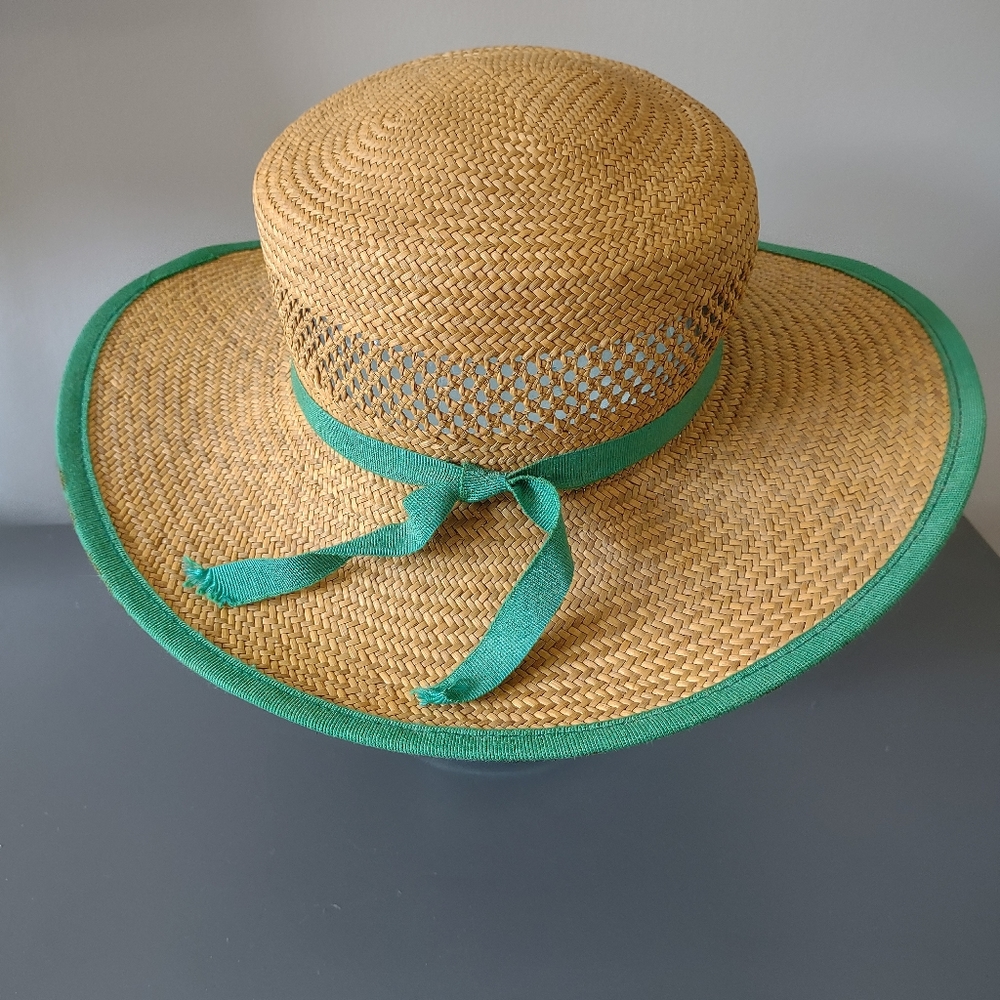 Straw Hat Made in Italy Green Trim  Beach Sun - Picture 9 of 10